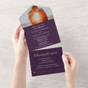 Einfache elegante Foto-Hochzeit RSVP Lila All In One Einladung