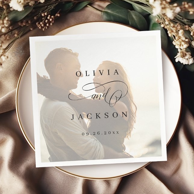 Einfache, elegante Foto-Hochzeit Serviette (Simple elegant romantic script photo wedding napkins)
