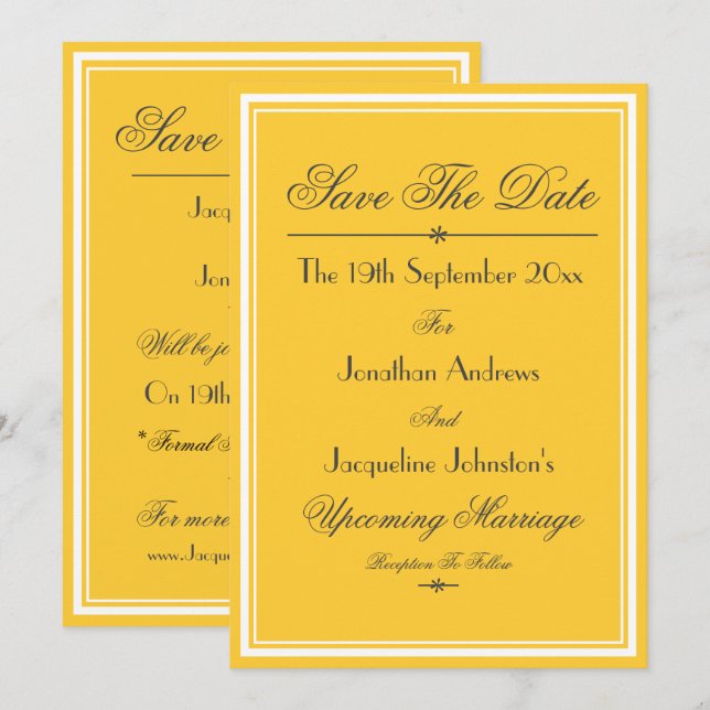 Einfache, elegante, gelbe Save the Date Hochzeit Ankündigung (Vorne/Hinten)