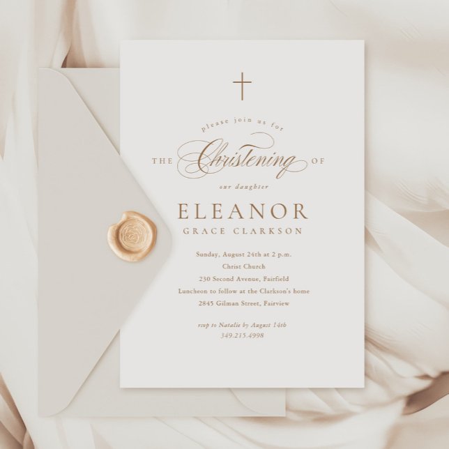 Einfache Elegante Gold Cross Calligrafy Christenin Einladung (Von Creator hochgeladen)