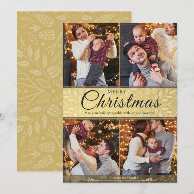 Einfache Elegante Gold Frame 4 Foto Weihnachten (Vorne/Hinten)