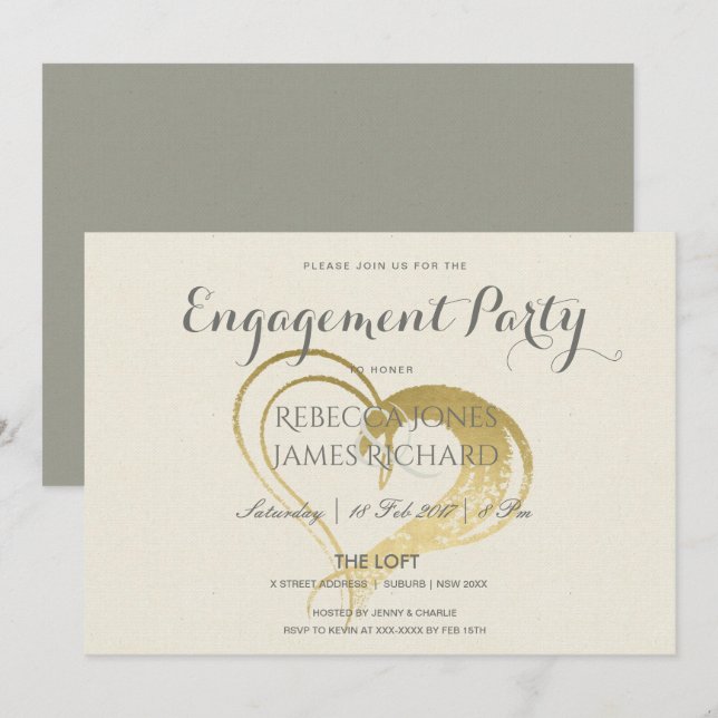 EINFACHE ELEGANTE GOLD HERZTYPOGRAPHIE-VERLOBUNG EINLADUNG (Vorne/Hinten)