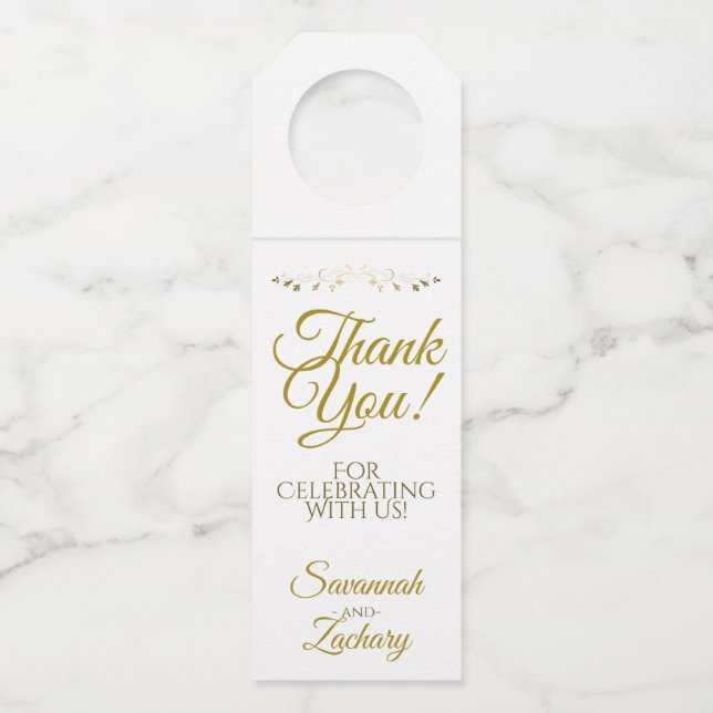 Einfache elegante Gold & White Wedding Vielen Dank Flaschenanhänger (Vorderseite)