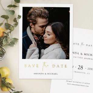 Einfache elegante goldene Foto-Save-the-Date-Hochz Folieneinladung