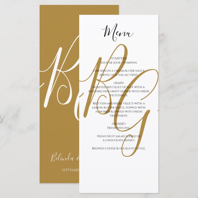 Einfache Elegante Goldene Initialen Hochzeit Menükarte (Vorne/Hinten)