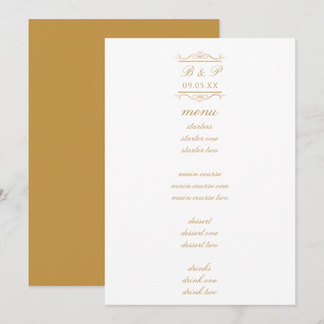 Einfache elegante goldene Monogramm-Hochzeits-Menü (Vorne/Hinten)