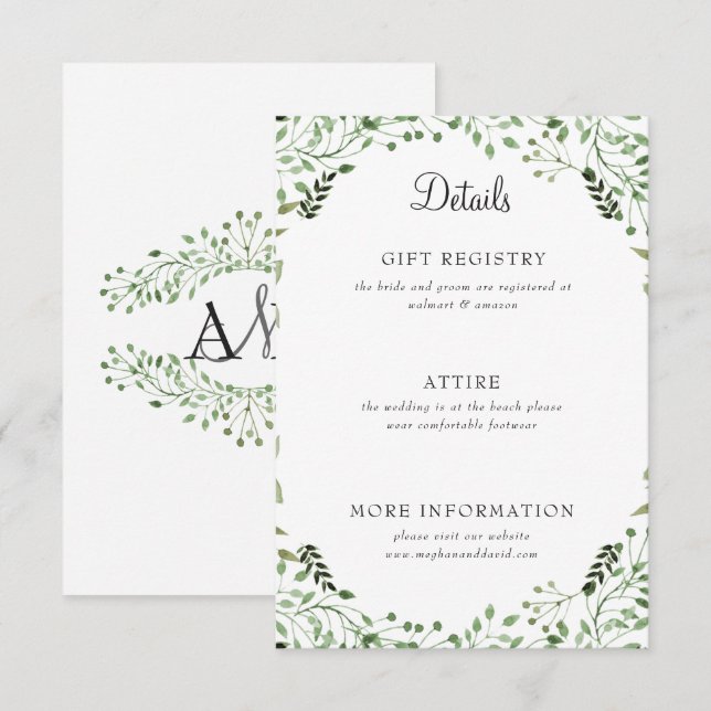 Einfache Elegante Grüne Hochzeiten Details Begleitkarte (Vorne/Hinten)