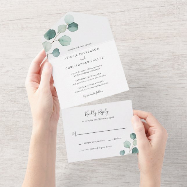Einfache Elegante Grüne Rustikale Eukalyptus Weddi All In One Einladung (Abreißen)