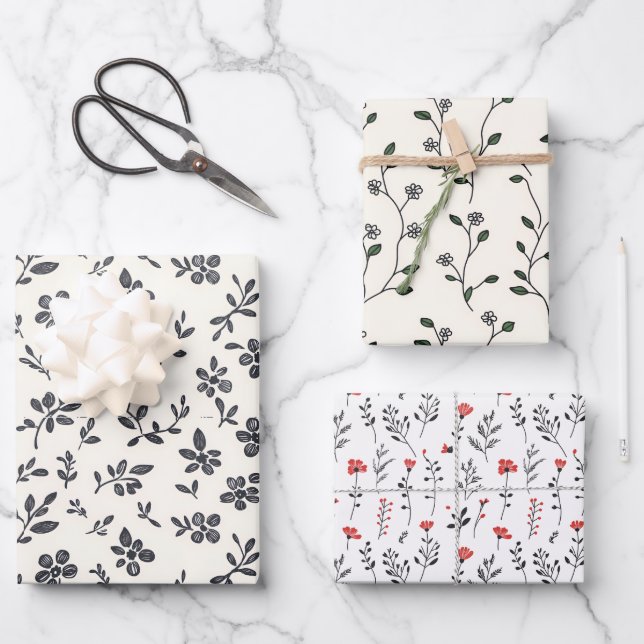 Einfache elegante Hand Drawn Floral Geschenkwrap Geschenkpapier Set (Vorderseite)