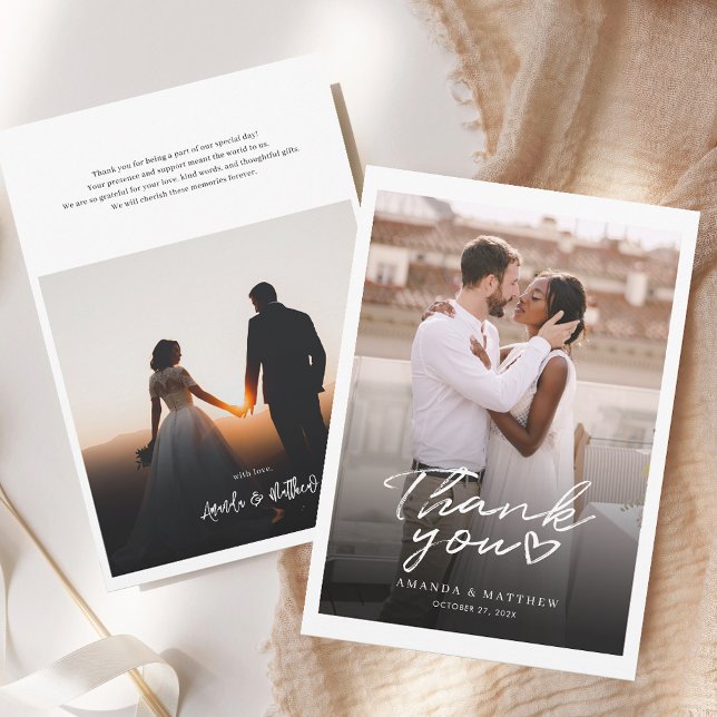 Einfache, elegante, handgeschriebene Foto-Hochzeit Dankeskarte (Elegant Wedding Day 2 Photos Thank You Card)