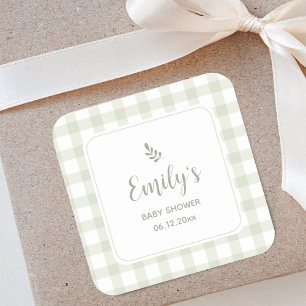 Einfache elegante hellgrüne Gingham-Baby-Party Quadratischer Aufkleber