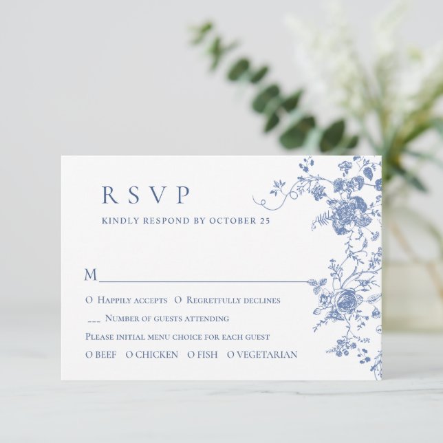 Einfache Elegante Hochzeit am Blue French Garden RSVP Karte (Stehend Vorderseite)