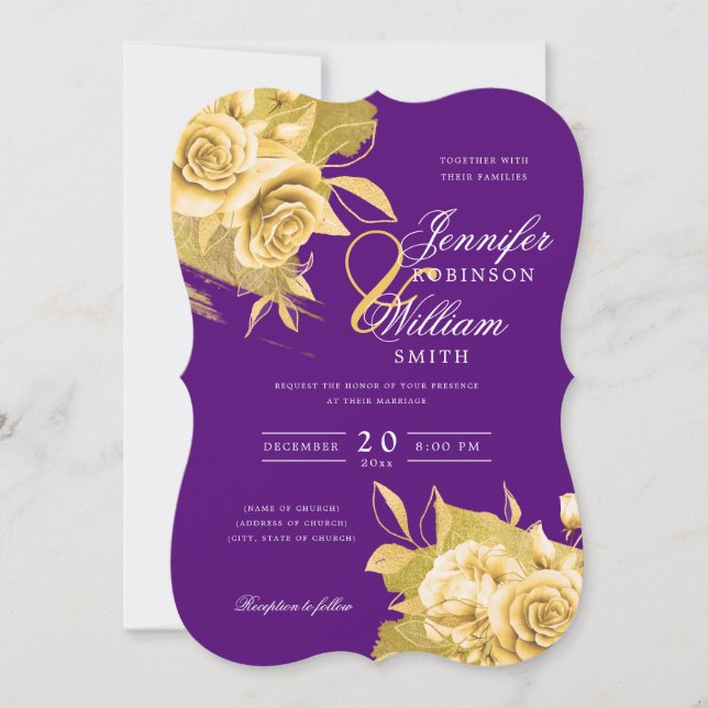 Einfache Elegante Hochzeit Gold Floral & Foil Lila Einladung (Vorderseite)