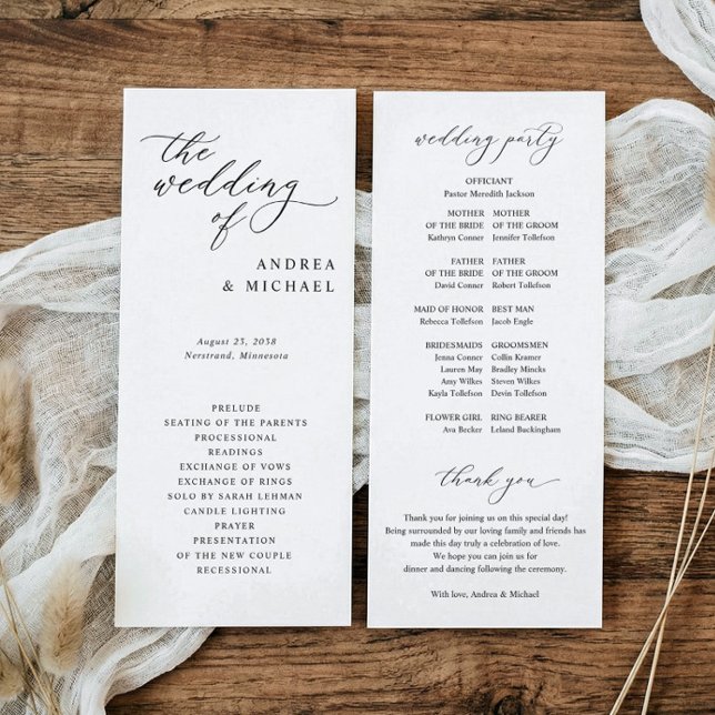 Einfache, elegante Hochzeit Programm (Elegant vintage script wedding programs with wedding party and thank you on back.)