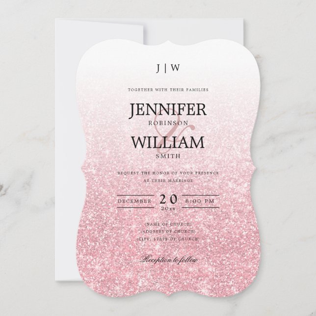 Einfache Elegante Hochzeit Rose Gold Glitzer Monog Einladung (Vorderseite)