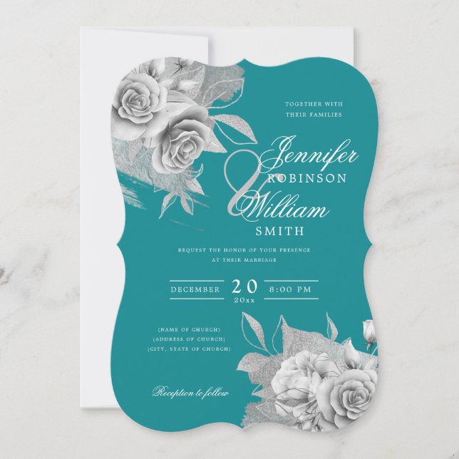Einfache Elegante Hochzeit Silver Floral & Foil Aq Einladung (Vorderseite)
