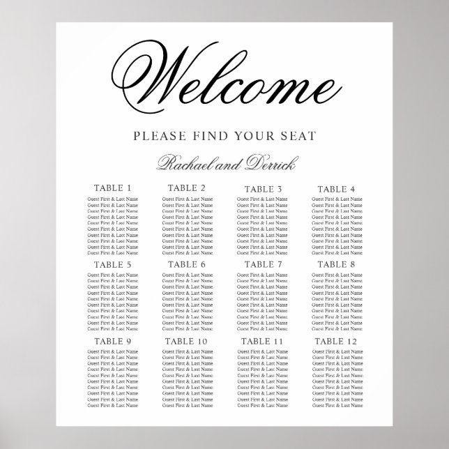 Einfache elegante Hochzeitskarte für 12 Tische Poster (Vorne)