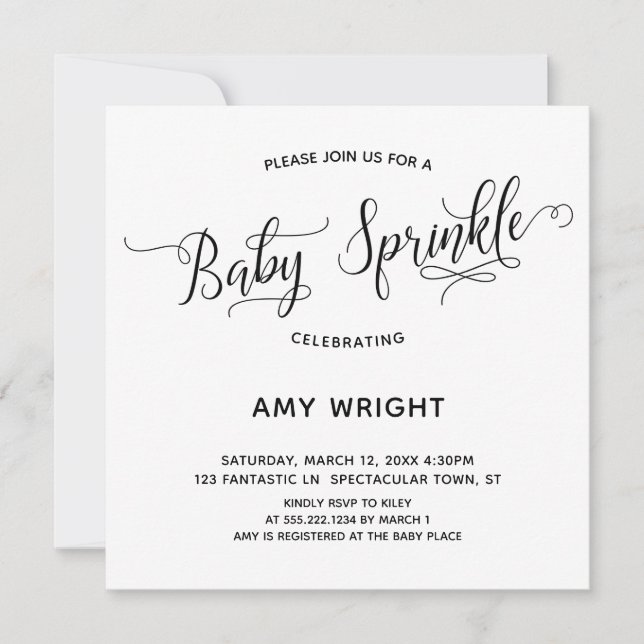 Einfache, elegante Kalligrafie Baby Sprinkle Einladung (Vorderseite)