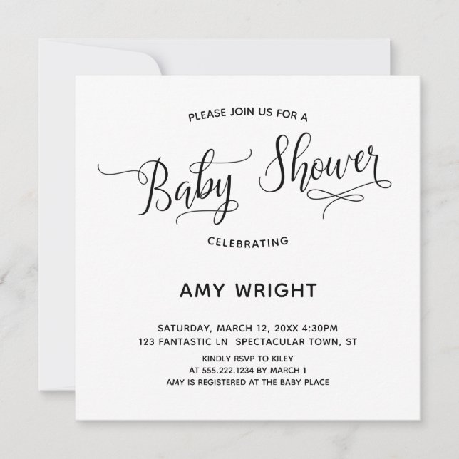 Einfache, elegante Kalligrafie-Babydusche Einladung (Vorderseite)