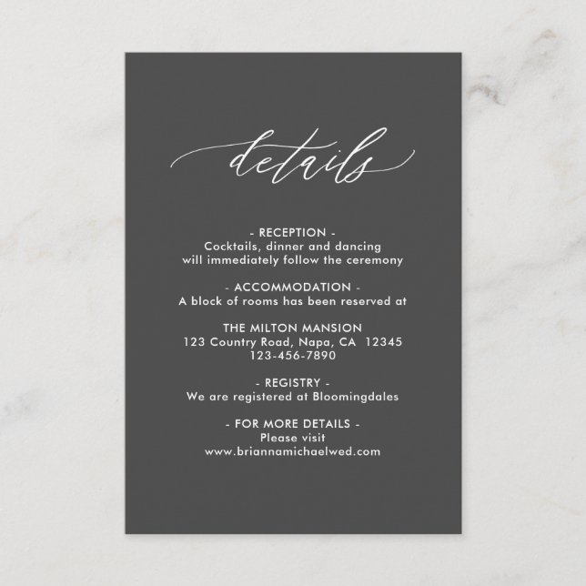 Einfache Elegante Kalligrafie Gray Wedding Details Begleitkarte (Vorderseite)