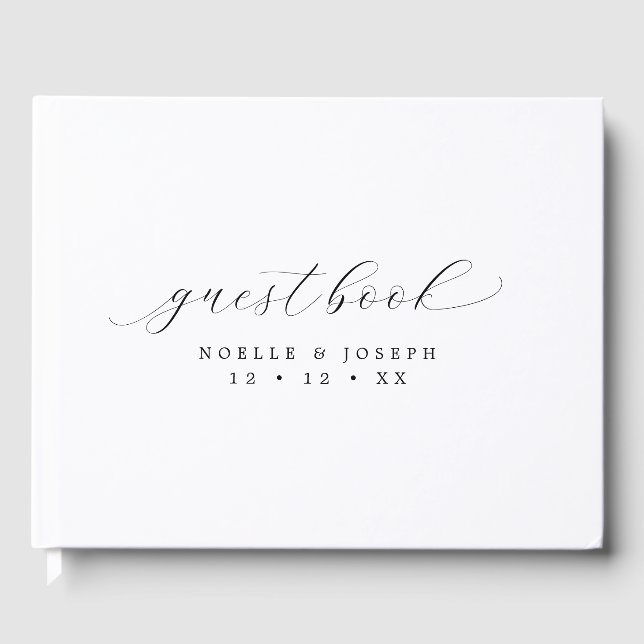 Einfache elegante Kalligrafie Schwarz & Weiß Hochz Gästebuch (Vorderseite)