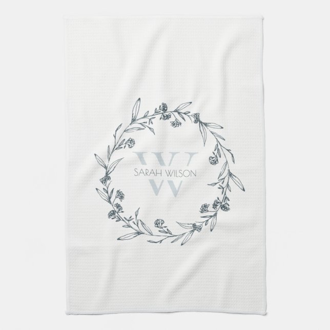 Einfache Elegante Laurel Wreath Monogram Geschirrtuch (Vertikal)