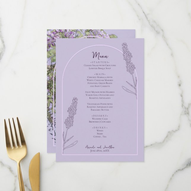 Einfache Elegante Lavender Blooms Hochzeit Menükarte (Vorderseite/Rückseite Beispiel)