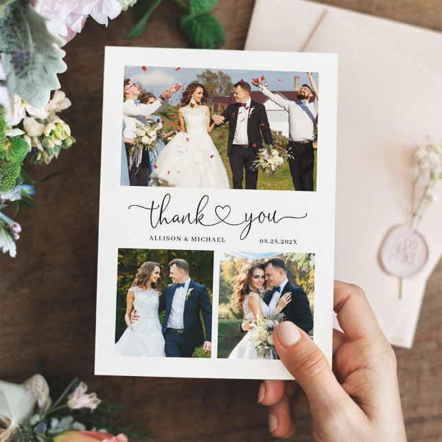 Einfache Elegante Liebe Herzblatt 4 Foto Hochzeit Dankeskarte (Von Creator hochgeladen)