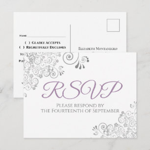 Einfache elegante lila Hochzeit-RSVP mit Silberver Postkarte