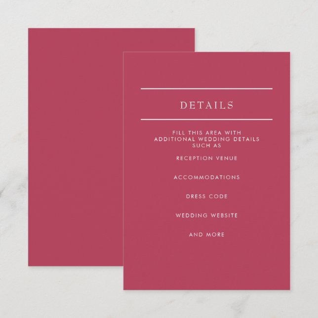Einfache Elegante Minimal Modern Magenta Hochzeit Begleitkarte (Vorne/Hinten)
