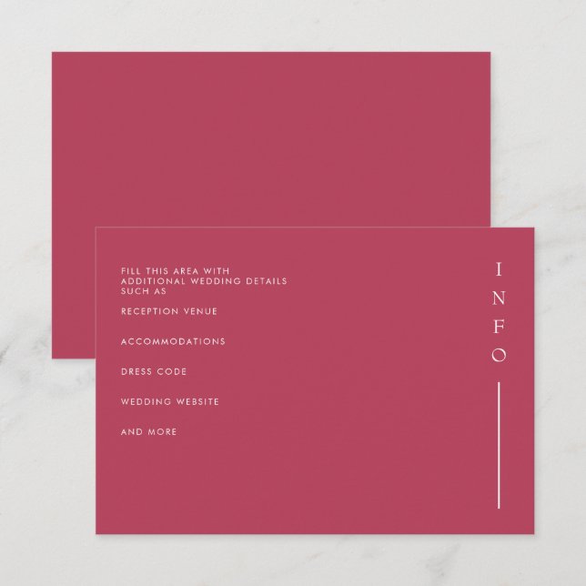 Einfache Elegante Minimal Modern Magenta Hochzeit Begleitkarte (Vorne/Hinten)