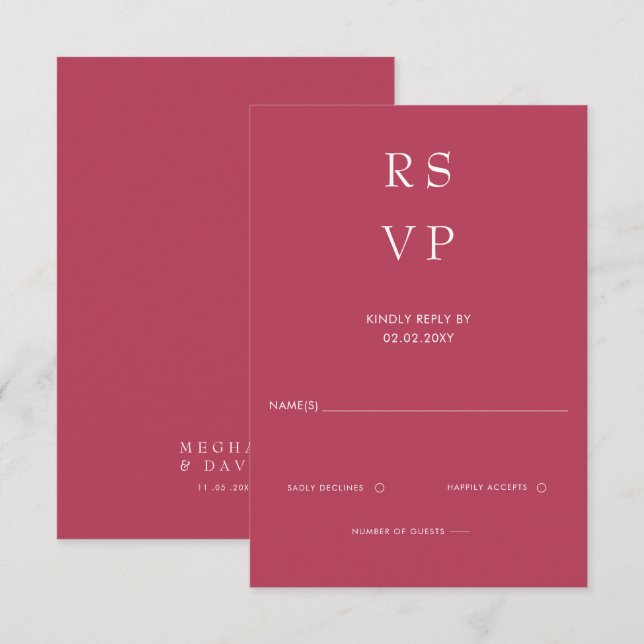 Einfache Elegante Minimal Modern Magenta Hochzeit RSVP Karte (Vorne/Hinten)