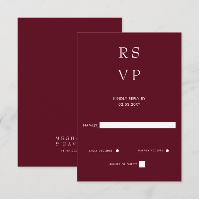 Einfache Elegante Minimal Moderne Burgundy Hochzei RSVP Karte (Vorne/Hinten)