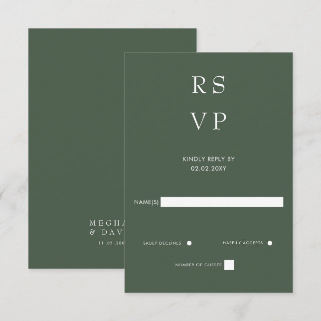 Einfache Elegante Minimal Moderne Grüne Hochzeit RSVP Karte (Vorne/Hinten)