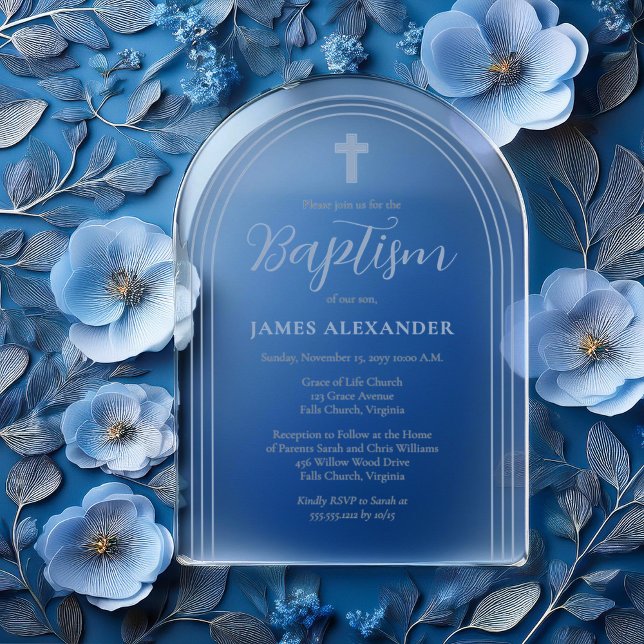 Einfache, elegante Minimalistische Blaufe Acryleinladungen (Simple Elegant Minimalist Blue and Gray on Clear (no background) Boy Baptism Acrylic Invitations)