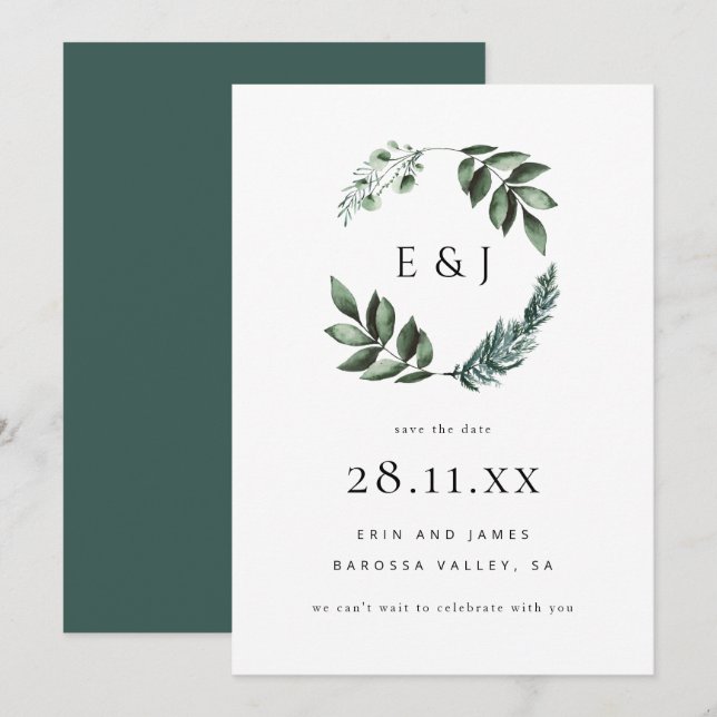 Einfache Elegante Minimalistische Grünanlage Kranz Save The Date (Vorne/Hinten)