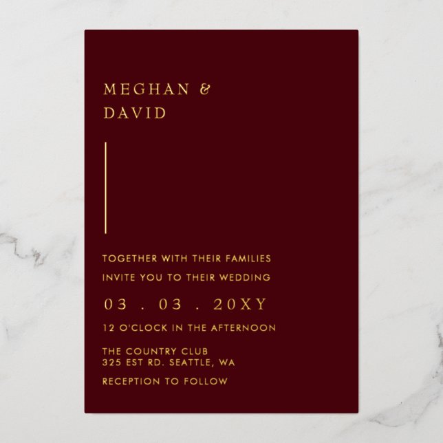 Einfache Elegante Moderne Burgundy Hochzeit Folieneinladung (Vorderseite)