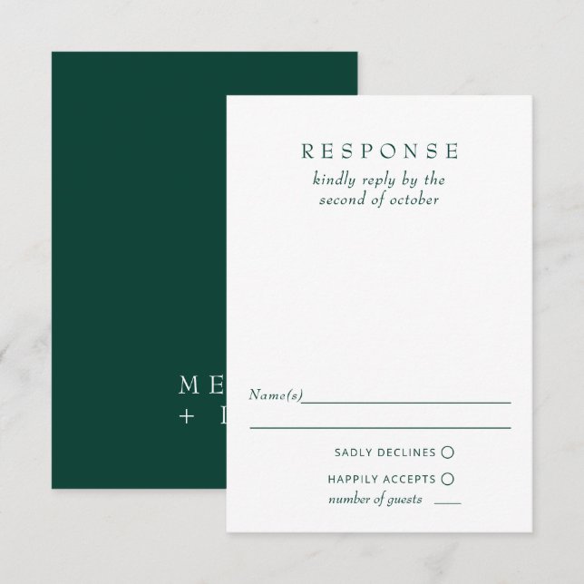 Einfache Elegante Moderne Smaragdgrüne Hochzeit RSVP Karte (Vorne/Hinten)