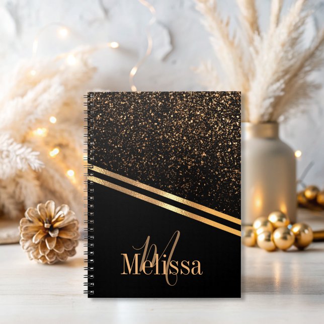 Einfache, elegante Monogram Black and Gold Glitzer Notizblock (Von Creator hochgeladen)