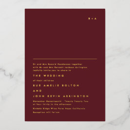 Einfache elegante Monogram Gold | Maroon Burgundy Folieneinladung