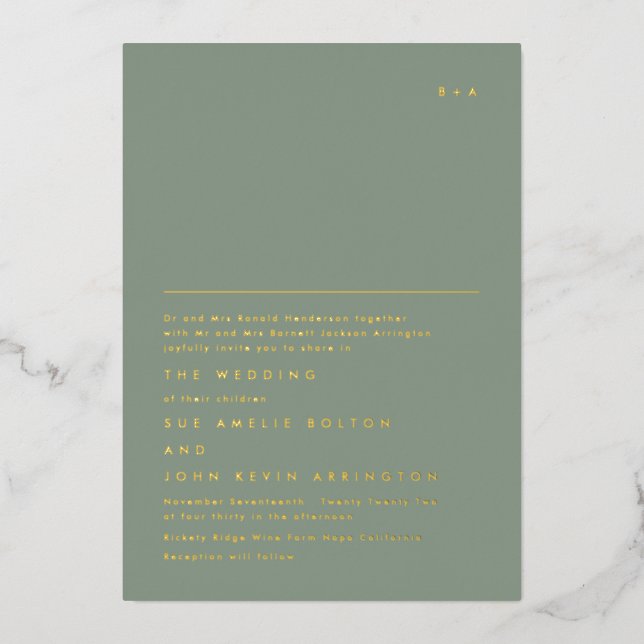Einfache elegante Monogram Gold | Moss Green Folieneinladung (Vorderseite)