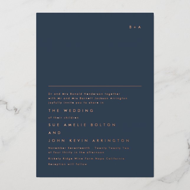 Einfache elegante Monogram-Rose Gold | Navy Blue Folieneinladung (Vorderseite)