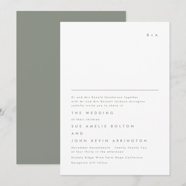 Einfache Elegante Monogram Sage Green Wedding Einladung (Vorne/Hinten)