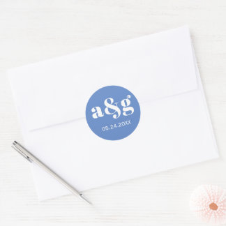 Einfache, elegante, monogramm-blaue Hochzeit Runder Aufkleber