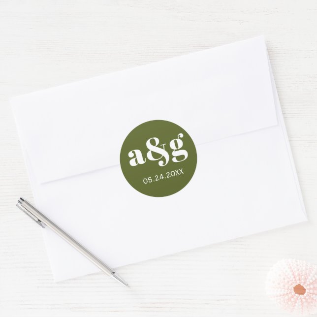Einfache, elegante, monogramm grüne Hochzeit Runder Aufkleber (Umschlag)