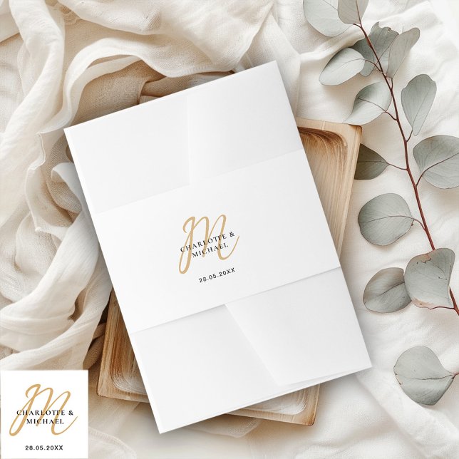 Einfache, elegante, monogramm Hochzeit Einladungsbanderole (Simple, elegant, monogram wedding invitation belly band with your names and date.)