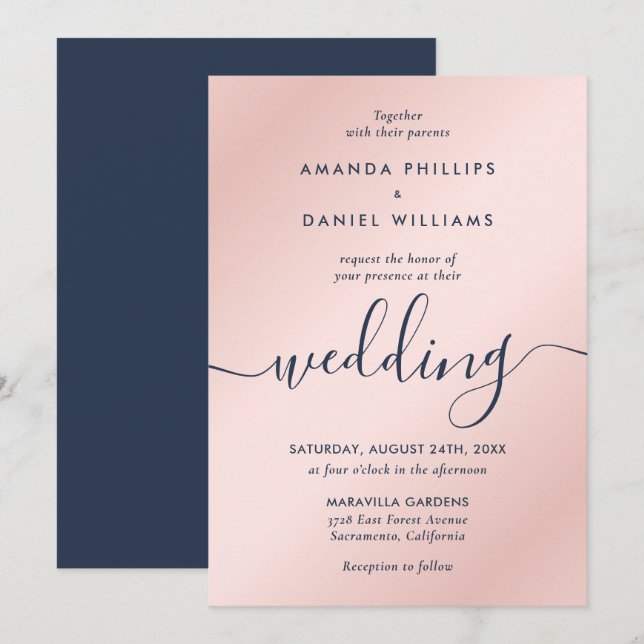 Einfache Elegante Navy Blue und Blush Modernes Skr Einladung (Vorne/Hinten)