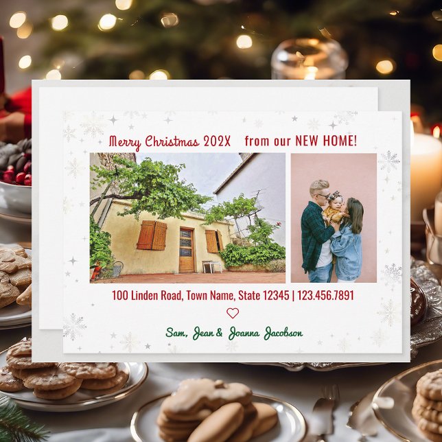 Einfache Elegante Neue Zuhause für Weihnachts-Foto Ankündigung (Simple Modern Elegant Cute We've Moved New Home Christmas 2 Photos Modern Cute Minimal Calligraphy)