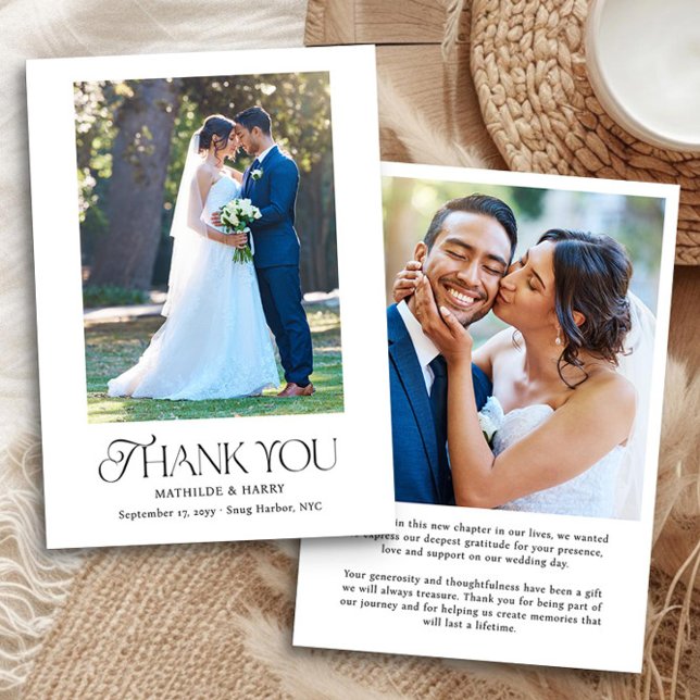 Einfache Elegante Nostalgie Typ 2 Foto Hochzeit Dankeskarte (Elegant 2 Photo Wedding Thank You Card with Romantic Nostalgic Typeface)