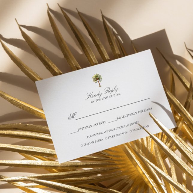 Einfache Elegante Palmenmahlzeit RSVP Karte (ELEGANT MINIMAL WATERCOLOR PALM TREE TROPICAL WEDDING RSVP WITH MEAL OPTION. EXOTIC ISLAND OR BEACH )